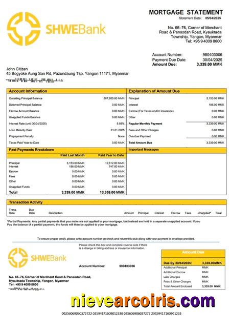 Myanmar Shwe Bank mortgage statement Word and PDF template